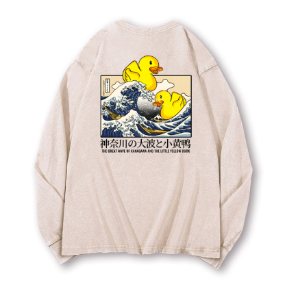 Great Wave Kanagawa Katsushika Hokusai Duck Vintage Washed Cotton Back Art Long-sleeve T-shirt