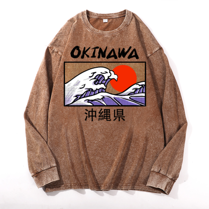 Okinawa Katsushika Hokusai Vintage Cotton Wash Crewneck Sweatshirt