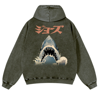 Jaws Ukiyoe Vintage Washed Cotton Back Art Hoodie