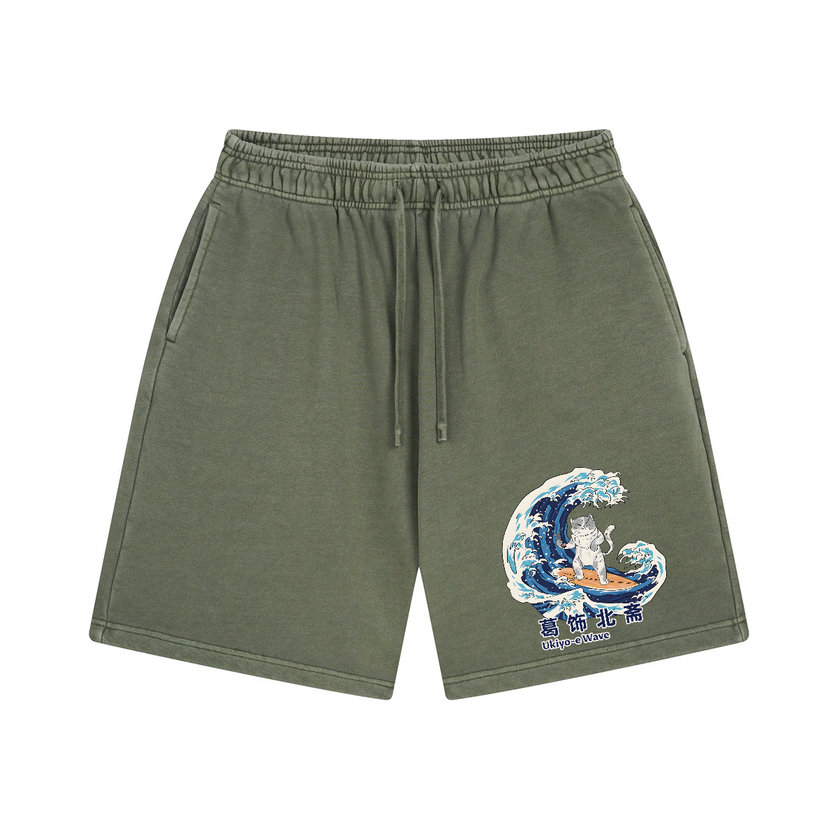 Katsushika Hokusai Wave Cat Vintage Washed Cotton Shorts