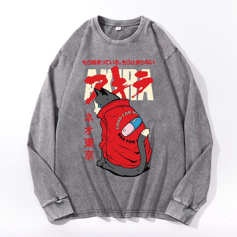 Akira Cat Vintage Cotton Wash Crewneck Sweatshirt