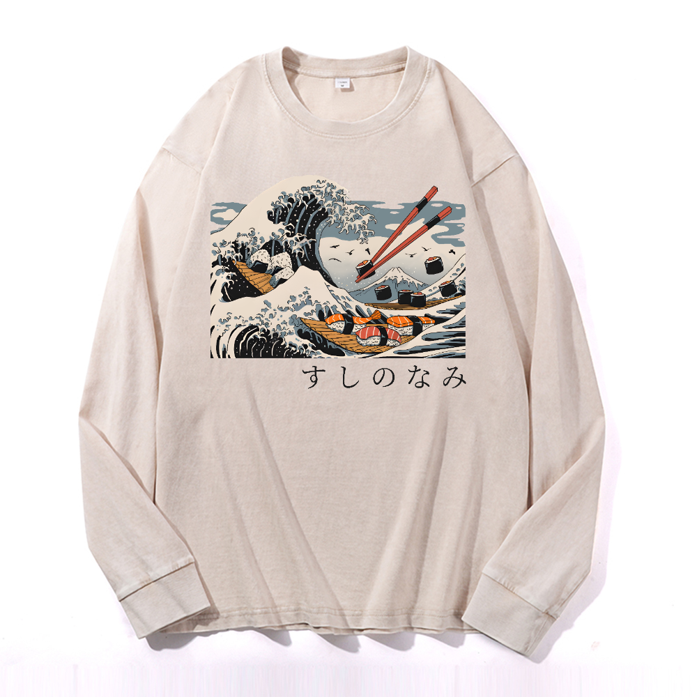 Sushi Katsushika Hokusai Vintage Cotton Wash Crewneck Sweatshirt
