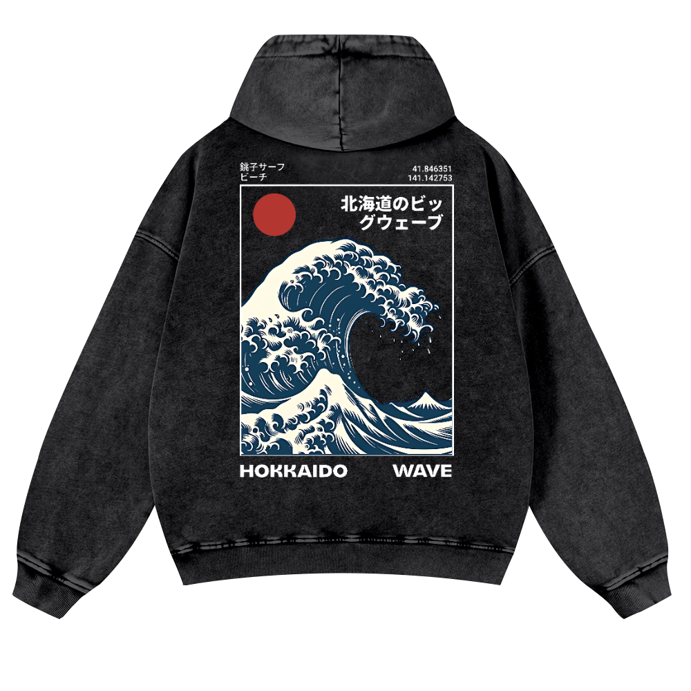 Katsushika Hokusai Hokkaido Wave Ukiyoe Vintage Washed Cotton Back Art Hoodie