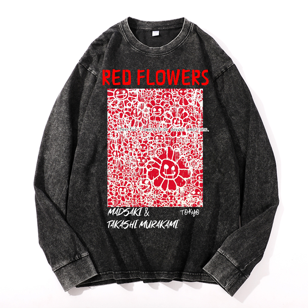 Takashi Murakami Madsaki Red Flowers Vintage Cotton Wash Crewneck Sweatshirt