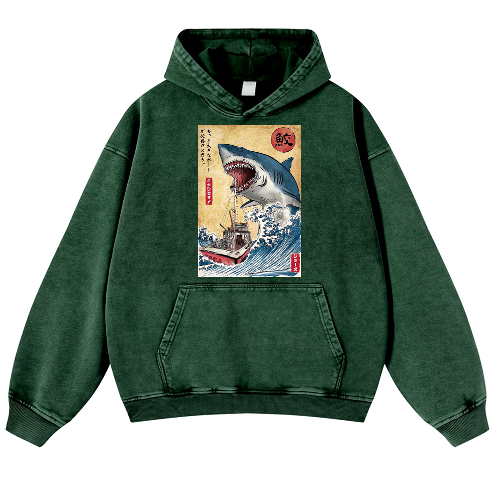 Jaws Ukiyoe Vintage Washed Thick Cotton Hoodie