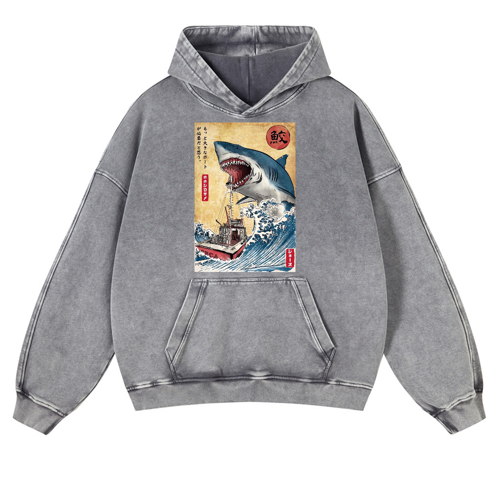 Jaws Ukiyoe Vintage Washed Thick Cotton Hoodie