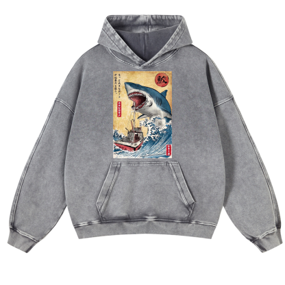 Jaws Ukiyoe Vintage Washed Thick Cotton Hoodie