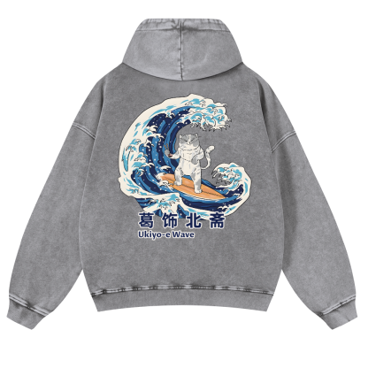 Katsushika Hokusai Ukiyoe Wave Cat Vintage Washed Cotton Back Art Hoodie