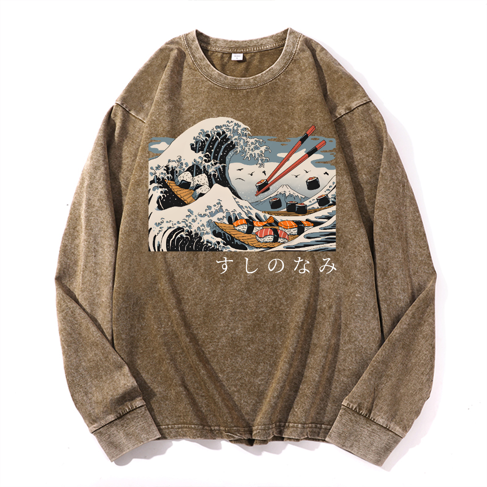Sushi Katsushika Hokusai Vintage Cotton Wash Crewneck Sweatshirt