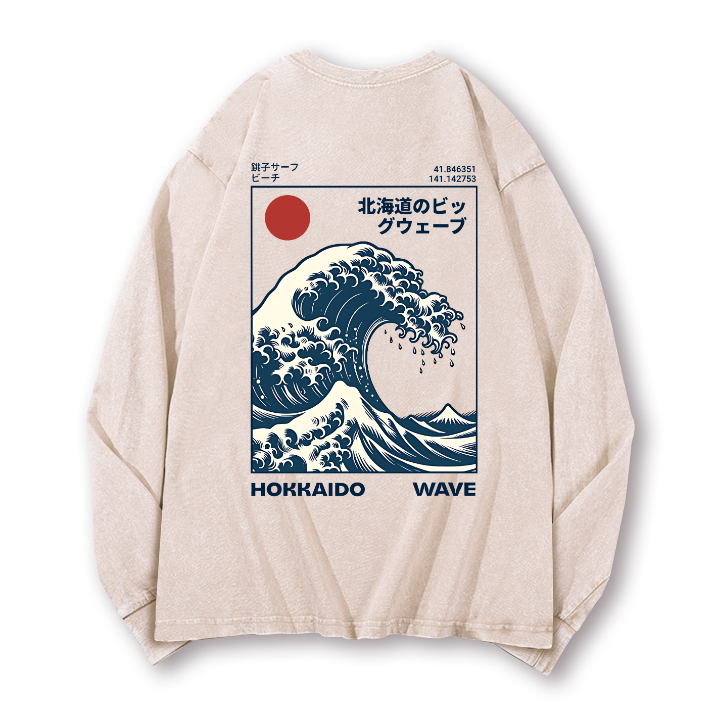 Katsushika Hokusai Wave Ukiyoe Vintage Washed Cotton Back Art Long-sleeve T-shirt