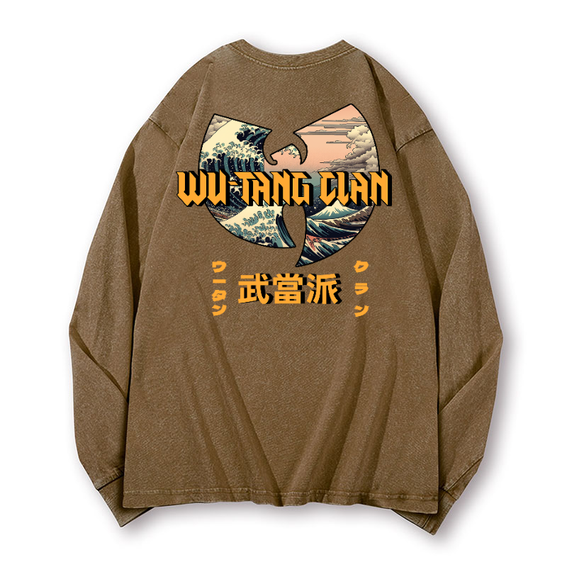 Wu Tang Clan Ukiyoe Wave Vintage Washed Cotton Back Art Long-sleeve T-shirt