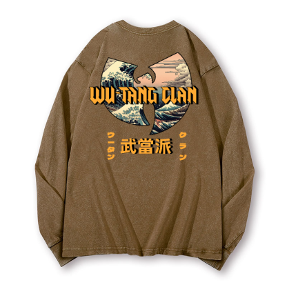 Wu Tang Clan Ukiyoe Wave Vintage Washed Cotton Back Art Long-sleeve T-shirt