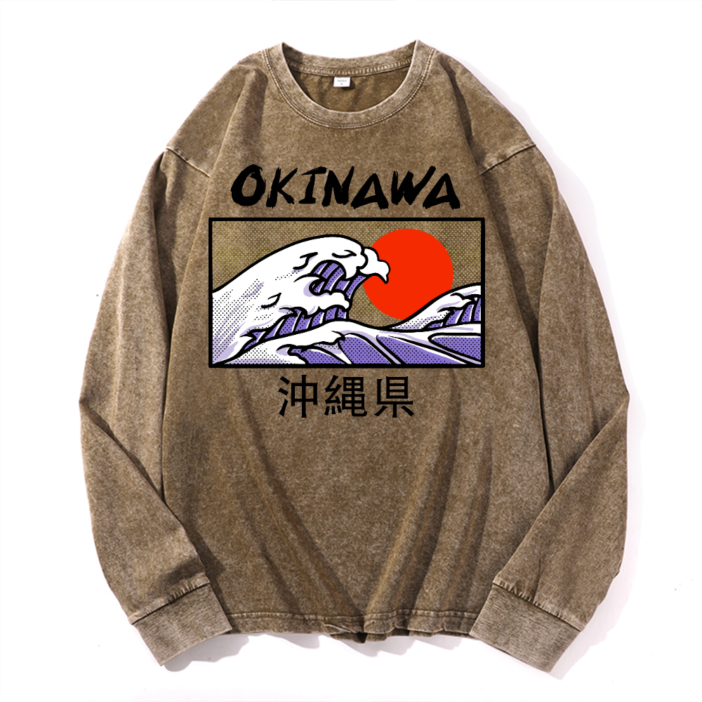 Okinawa Katsushika Hokusai Vintage Cotton Wash Crewneck Sweatshirt