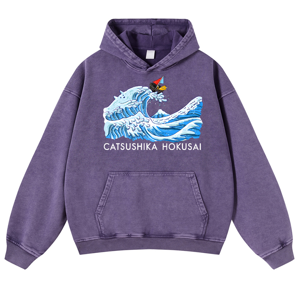 Katsushika Hokusai Cat Vintage Washed Thick Cotton Hoodie