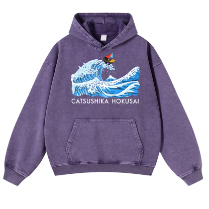 Katsushika Hokusai Cat Vintage Washed Thick Cotton Hoodie