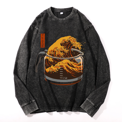 Coffee Katsushika Hokusai Vintage Cotton Wash Crewneck Sweatshirt