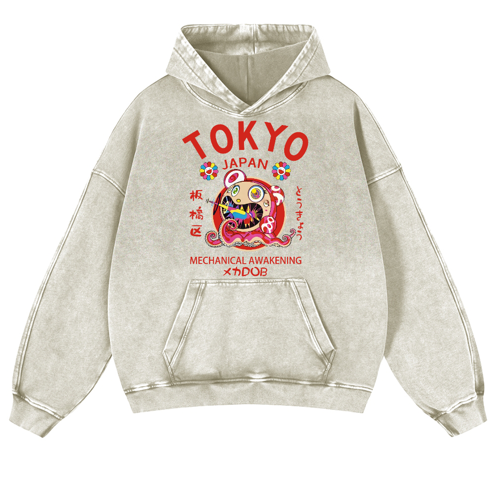 TM Sunflower Octopus Tokyo Japan Vintage Washed Thick Cotton Hoodie