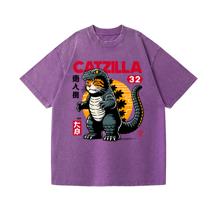 Godzilla Cat Vintage Wash Japanese Design T-Shirt