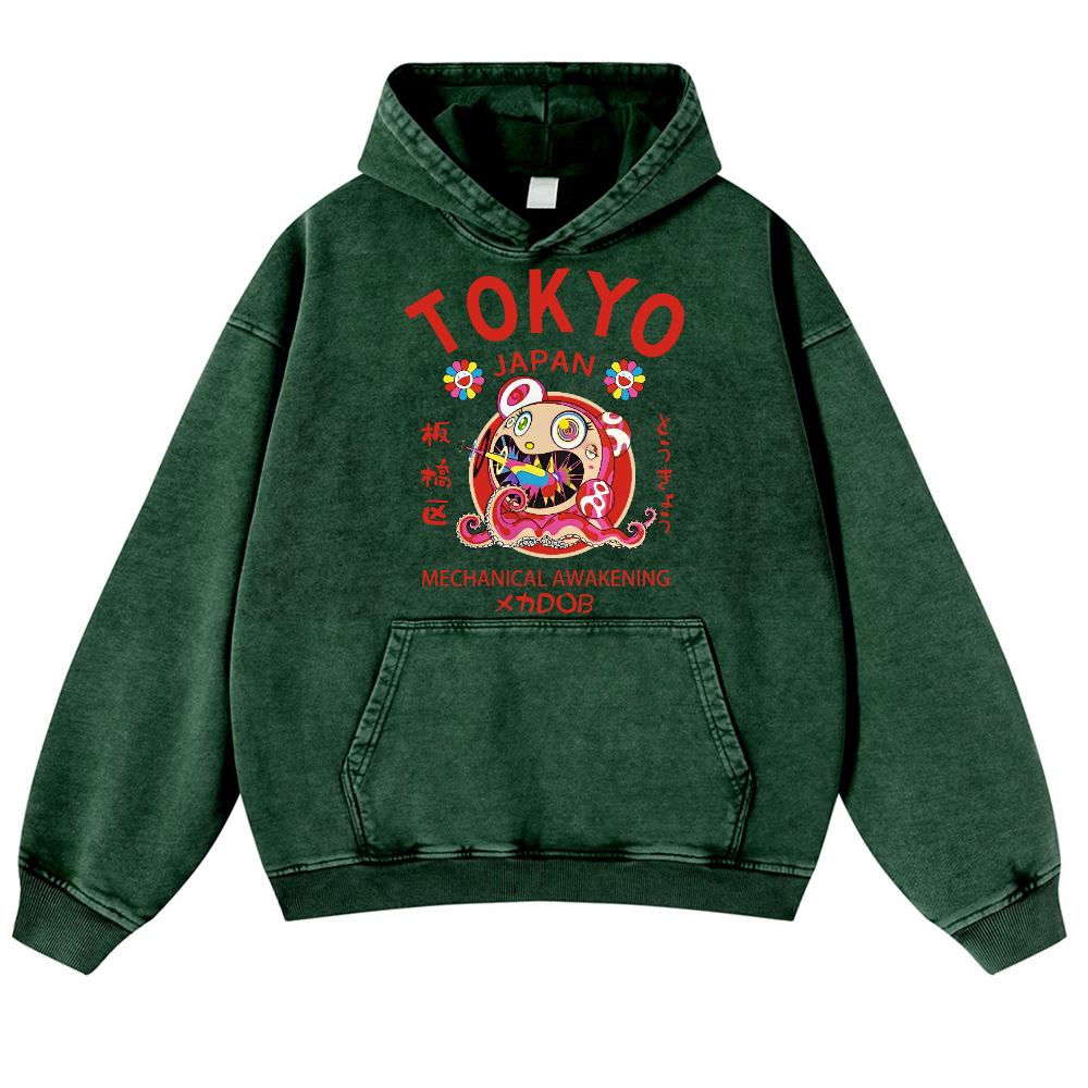 TM Sunflower Octopus Tokyo Japan Vintage Washed Thick Cotton Hoodie