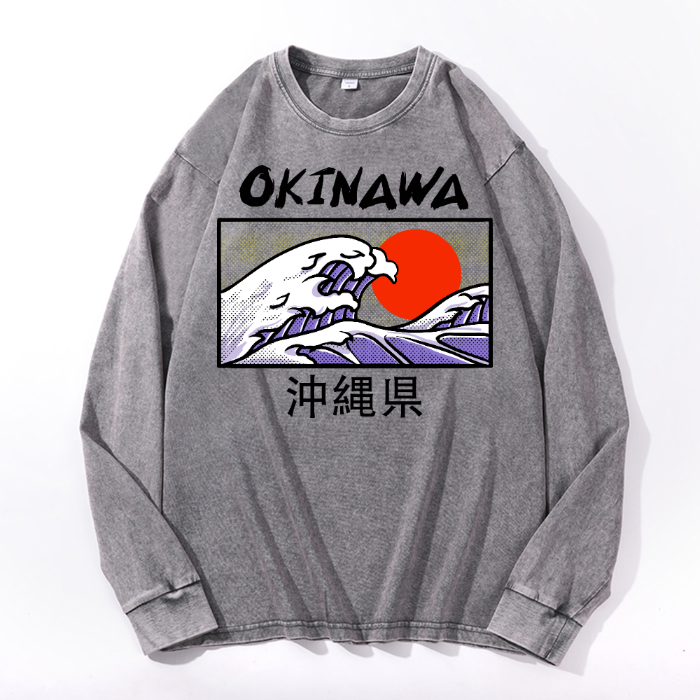 Okinawa Katsushika Hokusai Vintage Cotton Wash Crewneck Sweatshirt
