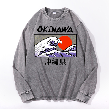 Okinawa Katsushika Hokusai Vintage Cotton Wash Crewneck Sweatshirt