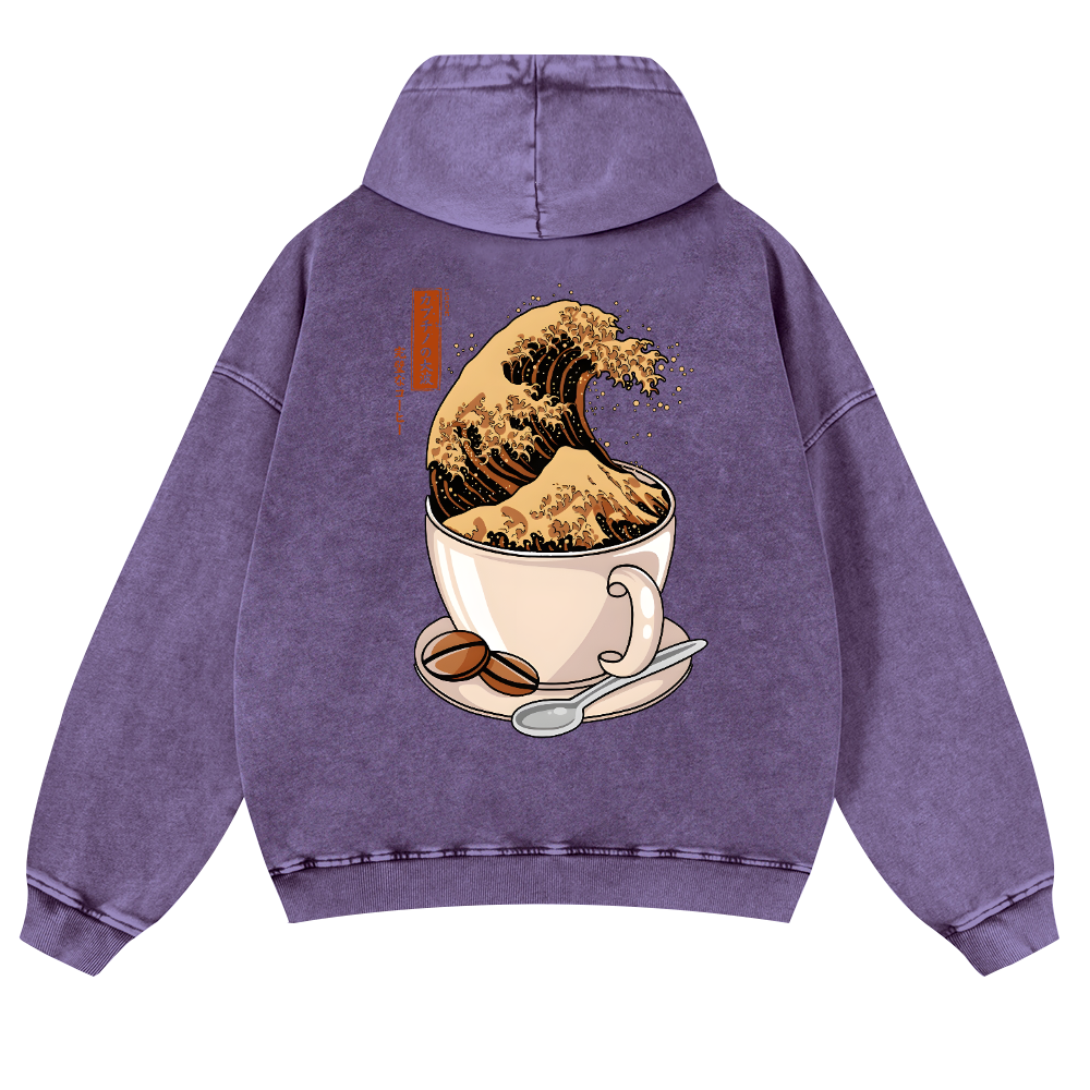 Katsushika Hokusai Coffee Wave Vintage Washed Cotton Back Art Hoodie
