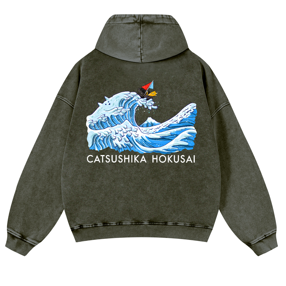 Katsushika Hokusai Cat Wave Vintage Washed Cotton Back Art Hoodie