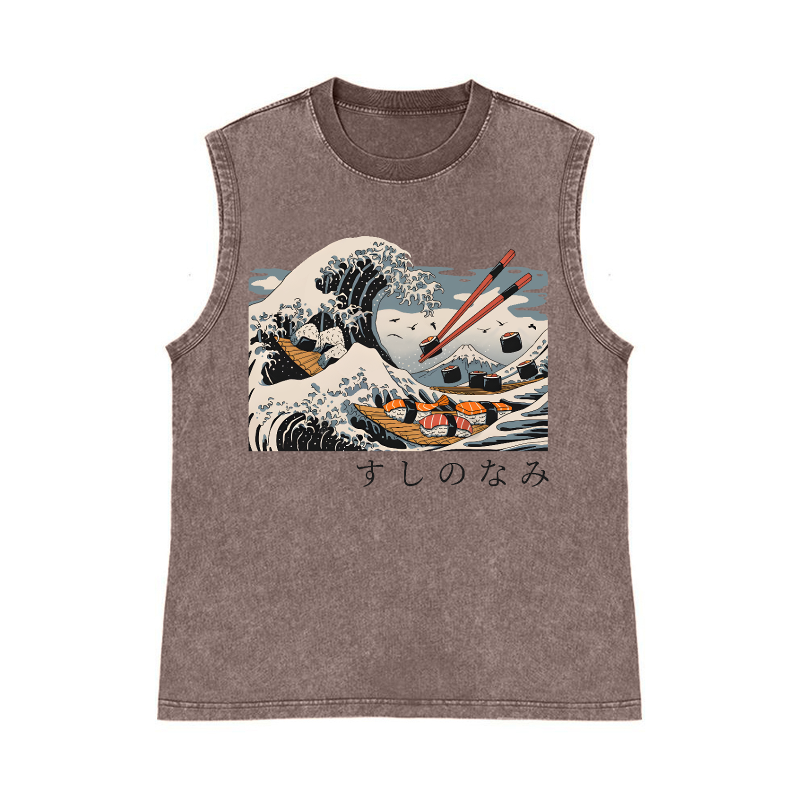 Sushi Katsushika Hokusai Pure Cotton Wash-Dyed Sleeveless Tank Top