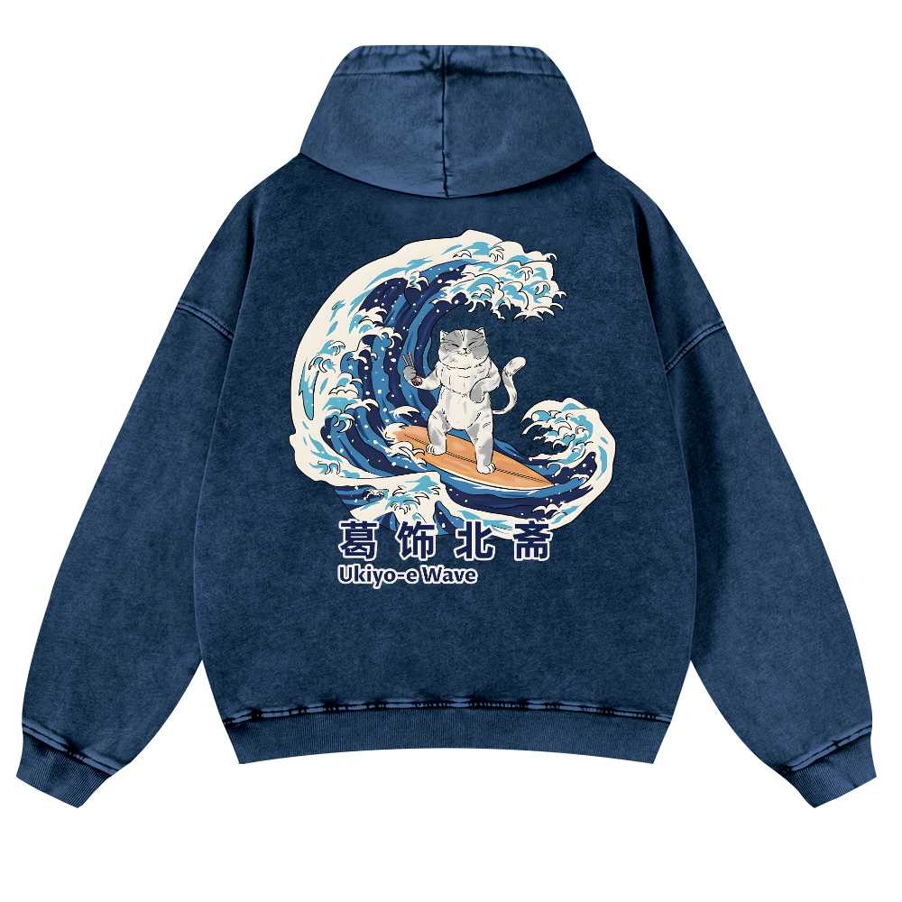 Katsushika Hokusai Ukiyoe Wave Cat Vintage Washed Cotton Back Art Hoodie