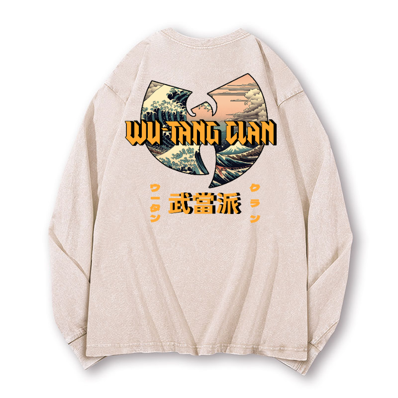 Wu Tang Clan Ukiyoe Wave Vintage Washed Cotton Back Art Long-sleeve T-shirt