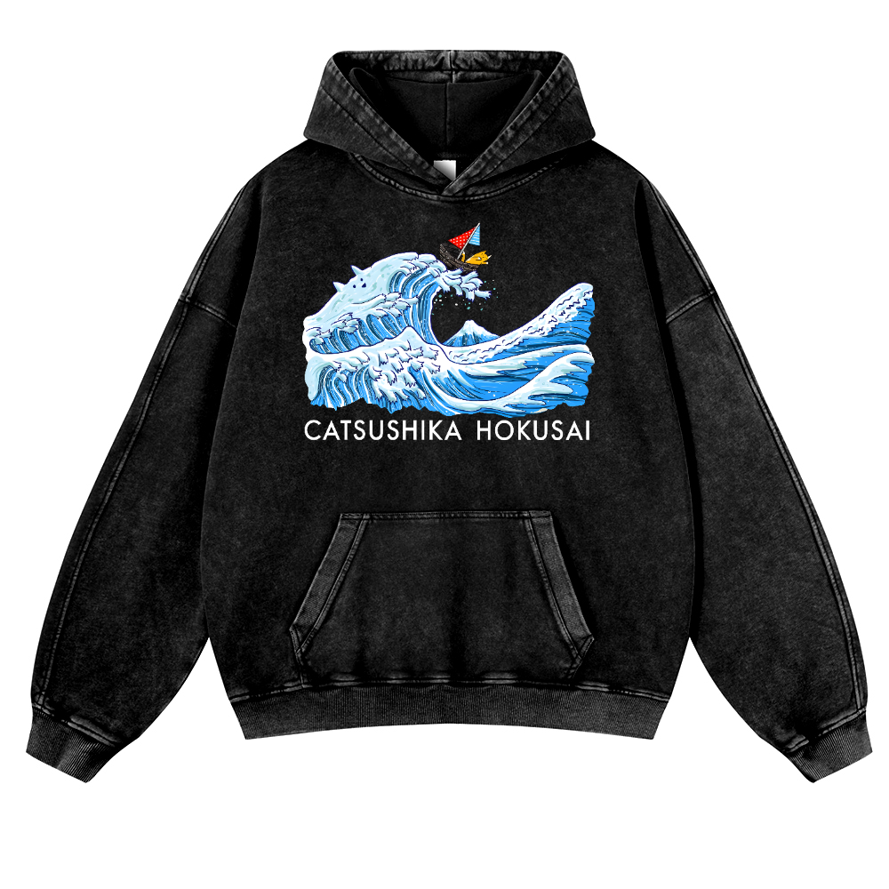 Katsushika Hokusai Cat Vintage Washed Thick Cotton Hoodie