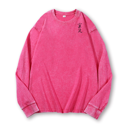 Lucky Cat Black Cat Art Vintage Washed Cotton Back Art Long-sleeve T-shirt