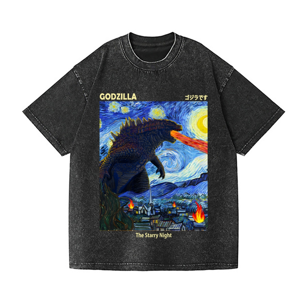 Starry Monster Godzilla Vintage Wash Japanese Design T-Shirt