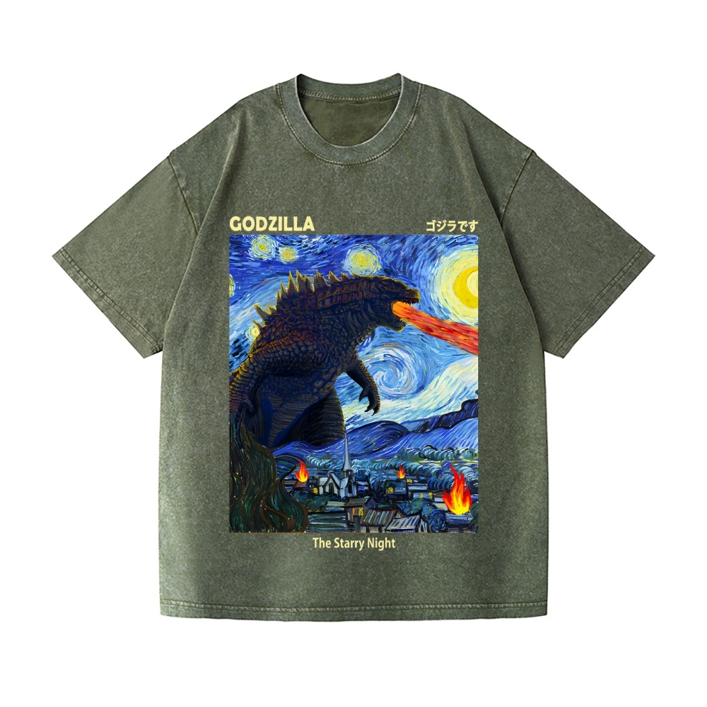 Starry Monster Godzilla Vintage Wash Japanese Design T-Shirt