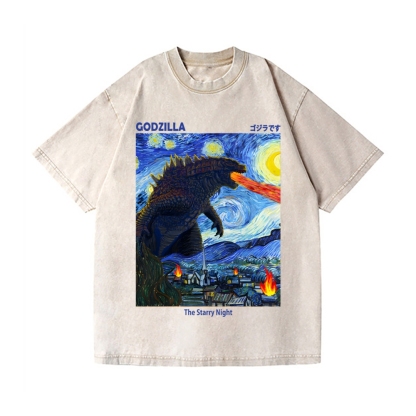 Starry Monster Godzilla Vintage Wash Japanese Design T-Shirt