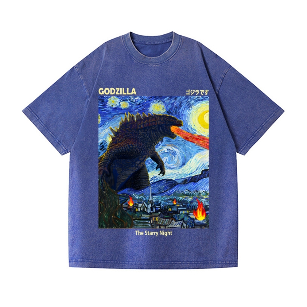 Starry Monster Godzilla Vintage Wash Japanese Design T-Shirt