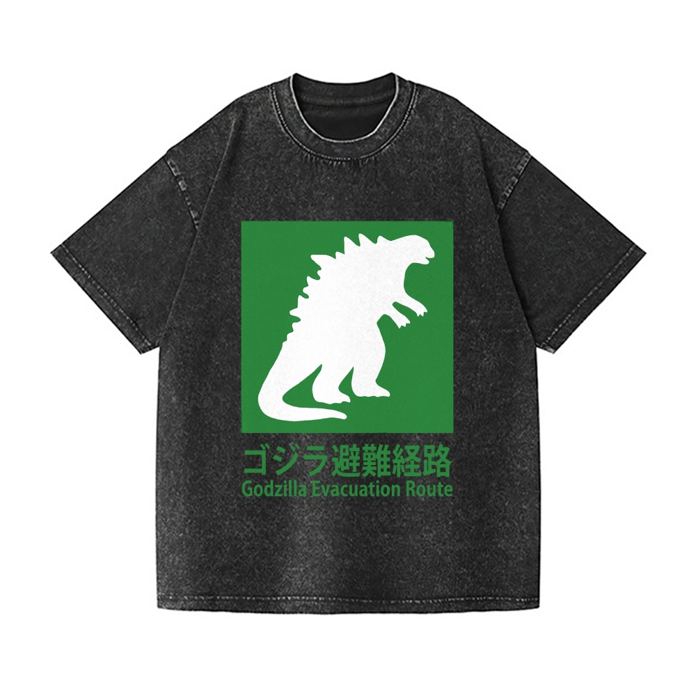 Godzilla Evacuation Route Vintage Wash Japanese Design T-Shirt