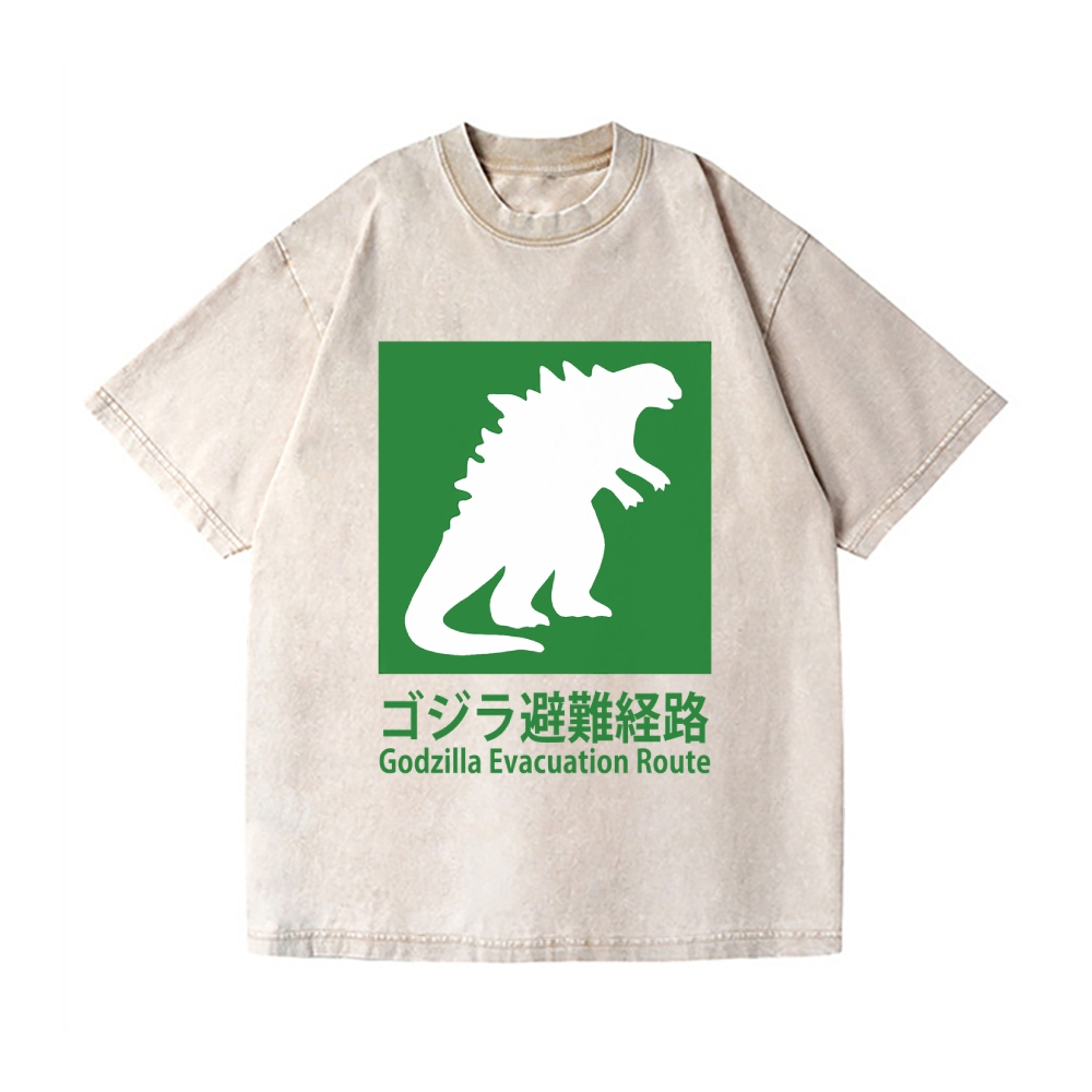Godzilla Evacuation Route Vintage Wash Japanese Design T-Shirt