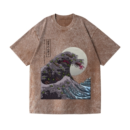 Great Wave Shoggoth Vintage Wash Japanese Design T-Shirt