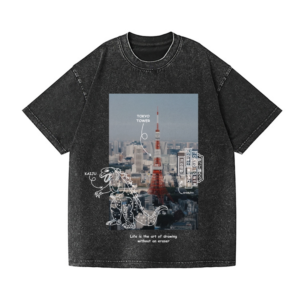 Kaiju Tokyo Tower Vintage Wash Japanese Design T-Shirt