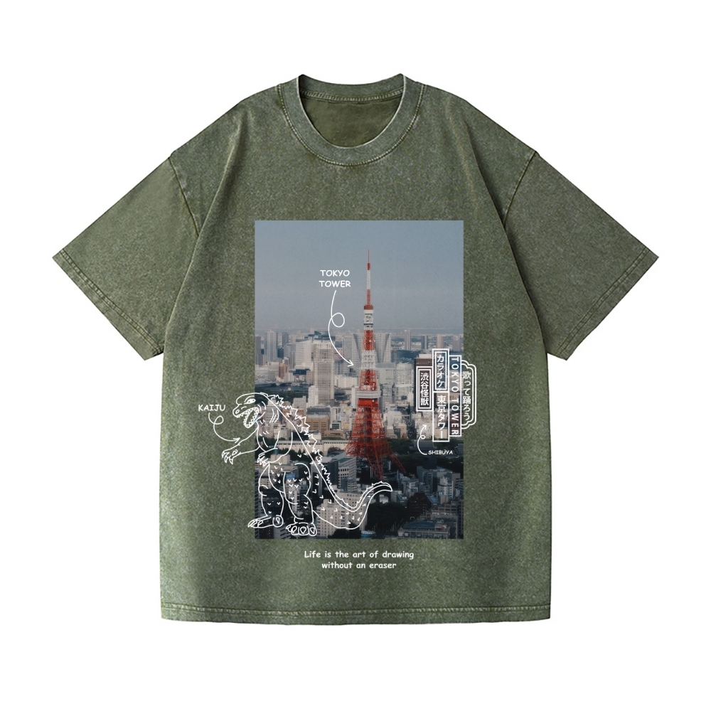 Kaiju Tokyo Tower Vintage Wash Japanese Design T-Shirt