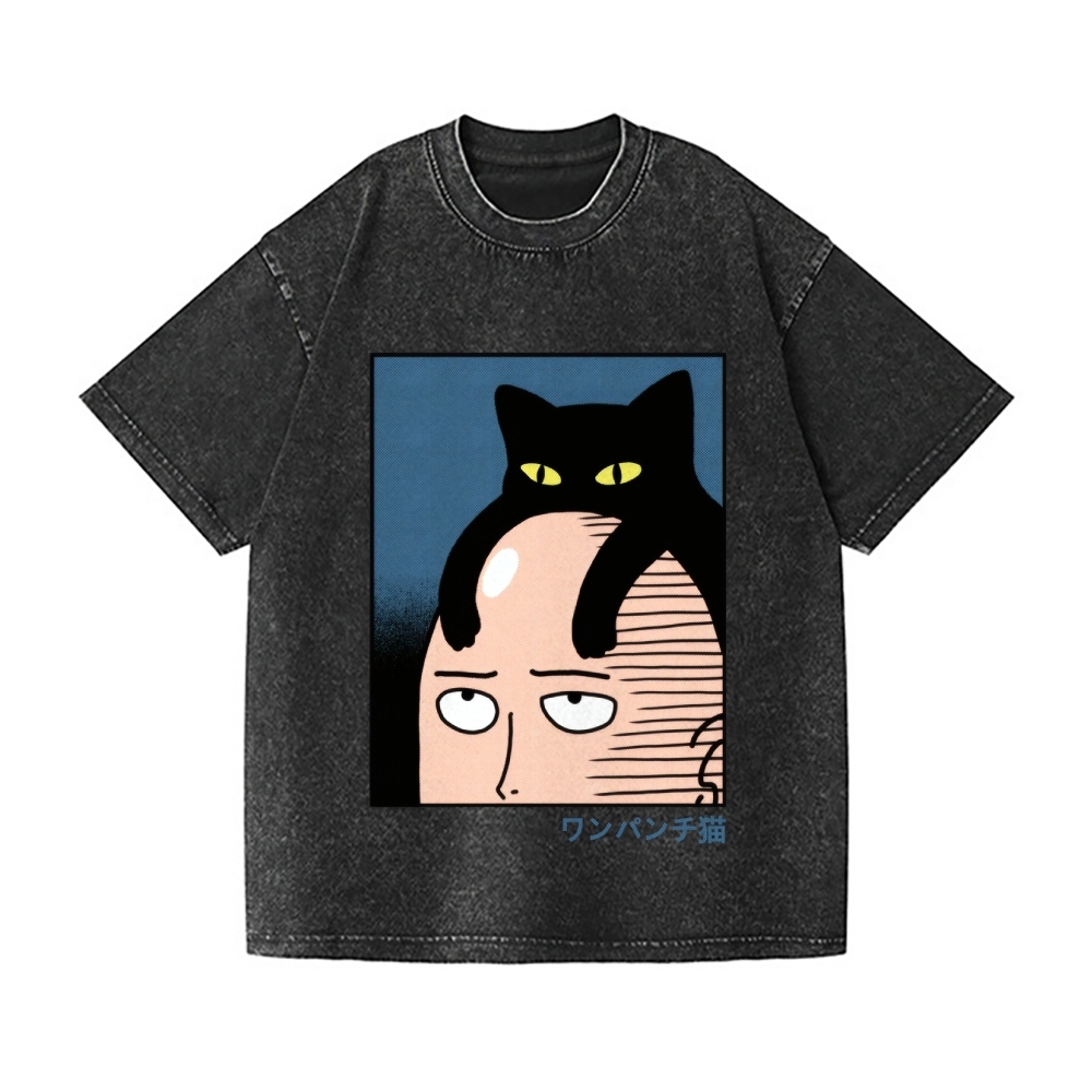 One Punch Cat Vintage Wash Japanese Design T-Shirt