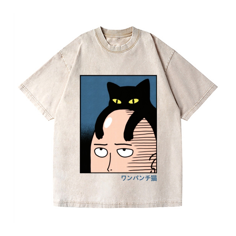 One Punch Cat Vintage Wash Japanese Design T-Shirt