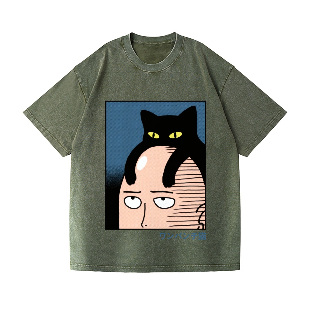 One Punch Cat Vintage Wash Japanese Design T-Shirt