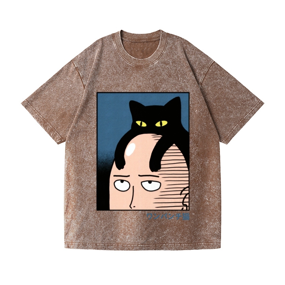One Punch Cat Vintage Wash Japanese Design T-Shirt