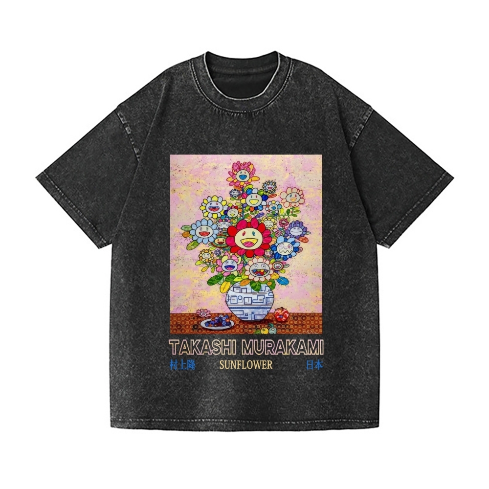 Sunflower Qinghua Vase Vintage Wash Japanese Design T-Shirt