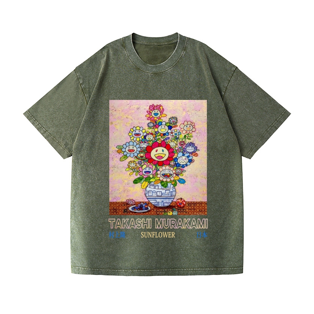 Sunflower Qinghua Vase Vintage Wash Japanese Design T-Shirt