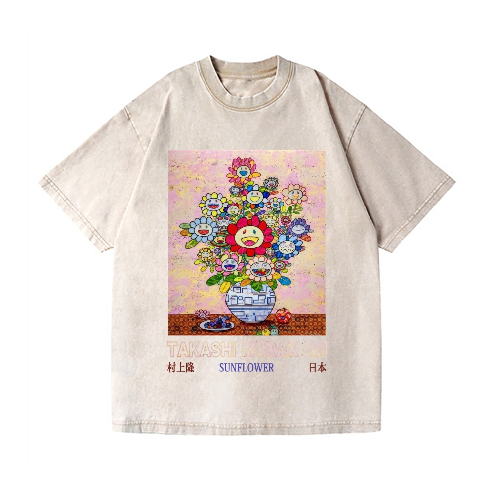 Sunflower Qinghua Vase Vintage Wash Japanese Design T-Shirt