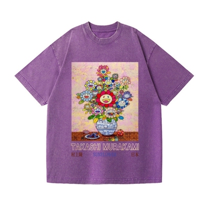 Sunflower Qinghua Vase Vintage Wash Japanese Design T-Shirt