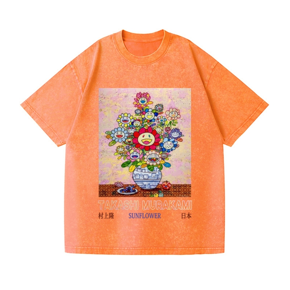 Sunflower Qinghua Vase Vintage Wash Japanese Design T-Shirt